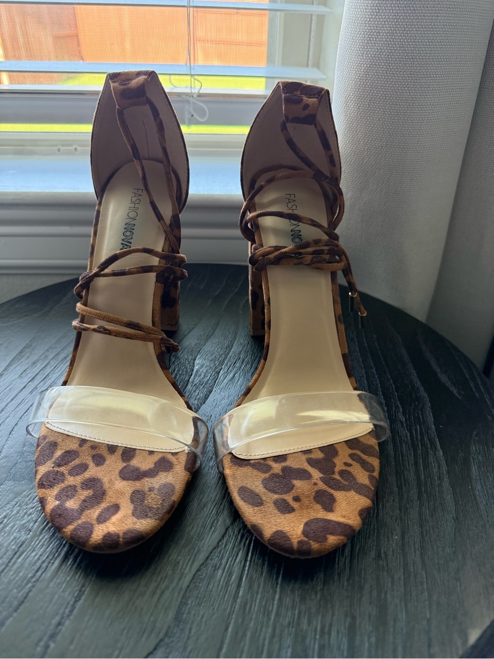 Fashion Nova Leopard-Print Ankle Tie Heels in Brown and Clear